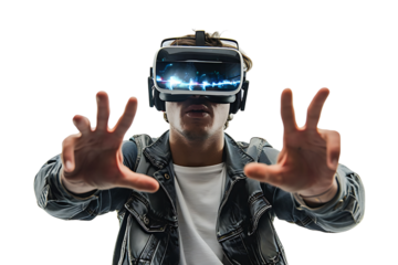 Man wearing virtual reality headset and playing game on isolated transparent background