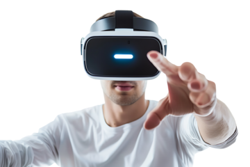Man wearing virtual reality headset and playing game on isolated transparent background