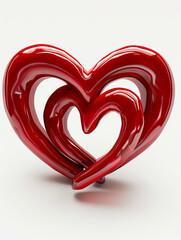 A red heart shaped object on a white background.