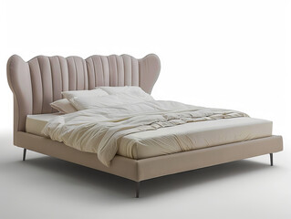 A bed with a white sheet and a pink upholstered headboard.