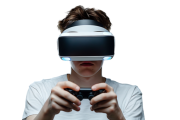 Man wearing virtual reality headset and playing game on isolated transparent background