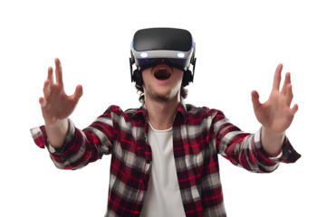 Man wearing virtual reality headset and playing game on isolated transparent background