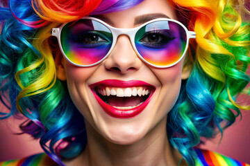  A girl with glasses and colorful hair. A faceless portrait capturing the essence of a vibrant rainbow-colored hairstyle, symbolizing diversity and creativity.