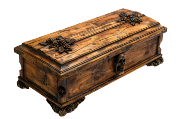 Opened wooden coffin on isolated transparent background