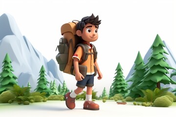 Hiking, in the style of 3d rendering cartoon.
