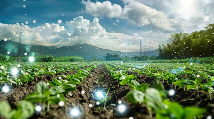 Depict nanosensors dispersed in an agricultural field, measuring soil moisture and nutrient levels to enhance farming practices