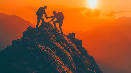 Two people standing on top of a mountain with the sun behind them.