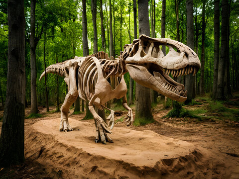 Esqueleto de dinosaurio en el bosque