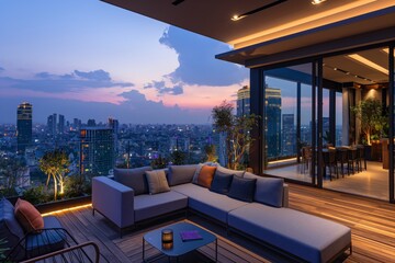 Stylish rooftop lounge with city skyline view

