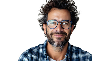 Obraz premium Portrait of happy man in stylish glasses on isolated transparent background