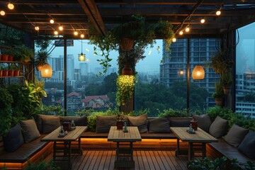 Cozy rooftop terrace with greenery and city view
