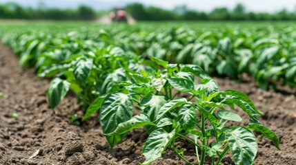 Obraz premium Lush green pepper plants flourishing in fertile farmland with distant farmer working under cloudy sky, symbolizing agricultural productivity and sustainable farming practices.