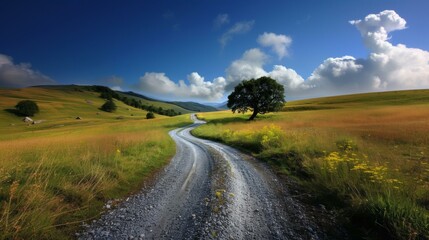 Fototapeta premium Beautiful winding road leading through a vibrant summer landscape, blue sky, lush green hills, and vivid yellow wildflowers evoke a sense of adventure.