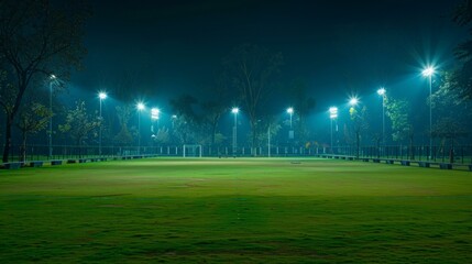 Beautifully illuminated empty soccer field at night, showcasing vibrant green grass under bright floodlights, evoking mood of calmness and readiness for sport. Copy space.