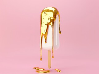 A luxurious concept of a white popsicle with a golden drip against a pink background, portraying indulgence and desire