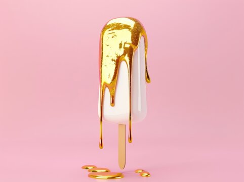 A luxurious concept of a white popsicle with a golden drip against a pink background, portraying indulgence and desire