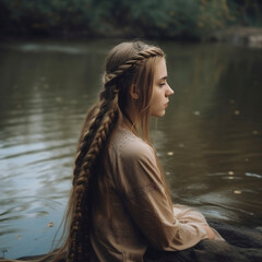 Girl with braided hair sitting by riverside reflecting on lifes transience and the passage of time