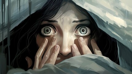 A frightened woman's face. Scary horror atmosphere. - obrazy, fototapety, plakaty