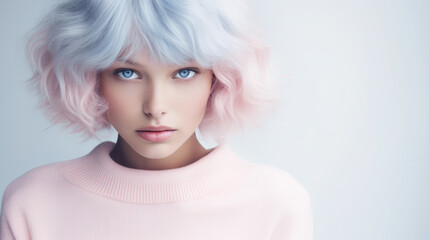 Portrait of a Woman with Pastel Blue and Pink Hair