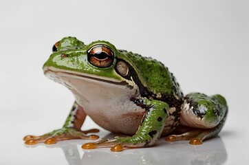 Obraz premium A frog sitting on a glassy shiny white surface. F for frog. biology book cover.