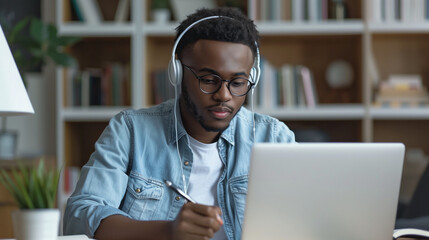 Concentrated African American male student in glasses and wireless headset studying handwriting in notebook, focused biracial man worker in headphones make notes watching webinar or training on laptop - Powered by Adobe