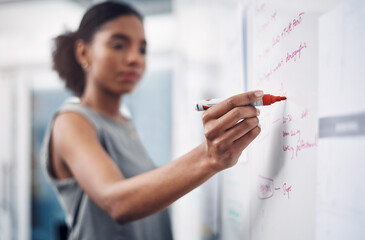 Woman, hand and writing with whiteboard for coaching, presentation or brainstorming at office....