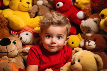 A toddler sitting amidst a pile of plush toys, a look of wonderment on their face, set agnst a bold red and yellow backdrop.