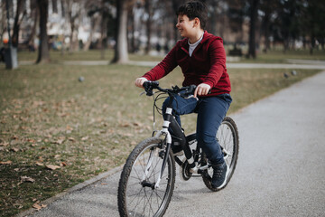Carefree young boy riding a bicycle through a lush park, experiencing the joy and freedom of outdoor activities.
