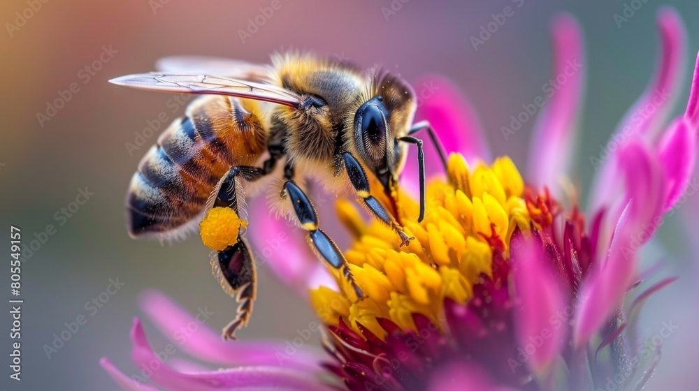 Poster a macro shot of a honeybee collecting pollen from a vibrant flower, highlighting the essential role 