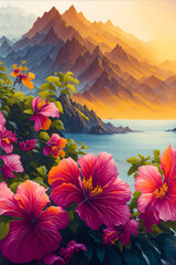 sunrise in the mountains / oil painting of scenic view , giant flowers on the bank