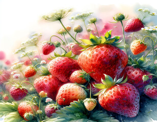 strawberry watercolor painting with soft pastel colors seamless look with organic 
splatters and dewdrops with highlights
