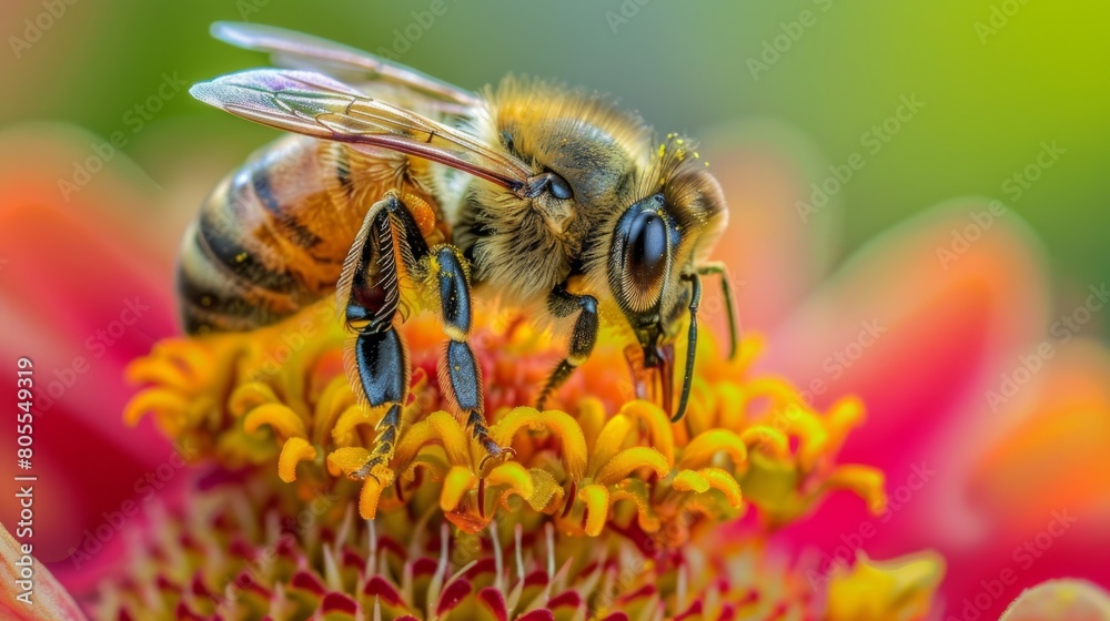 Poster A macro shot of a honeybee collecting pollen from a vibrant flower, highlighting the essential role of pollinators in ecosystems.