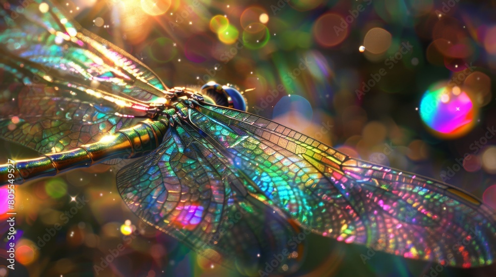 Poster a mesmerizing close-up of a dragonfly in mid-flight, its iridescent wings shimmering in the sunlight