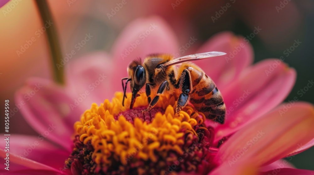 Poster a macro shot of a honeybee collecting pollen from a vibrant flower, highlighting the essential role 