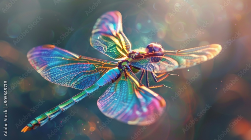 Poster a mesmerizing close-up of a dragonfly in mid-flight, its iridescent wings shimmering in the sunlight