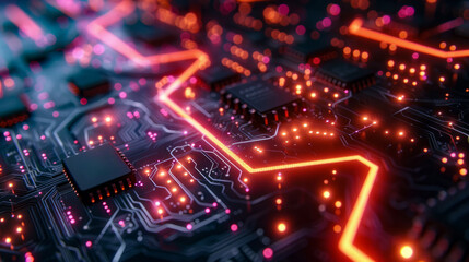 Obraz premium Bright neon circuit board with glowing lines