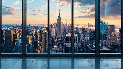 Modern Office Interior with Expansive Cityscape Views through Large Windows