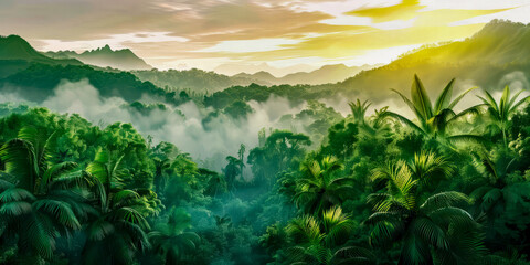 Misty mountains and lush green forest landscape