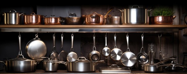 shiny stainless steel pots and pans in a professional restaurant kitchen setting