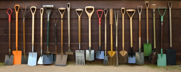 An organized row of cleaning tools lined up against an exterior wall, ready for maintenance work
