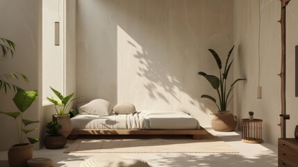 A minimalist bedroom with a focus on natural elements, incorporating wood accents, indoor plants, and organic textiles for warmth.