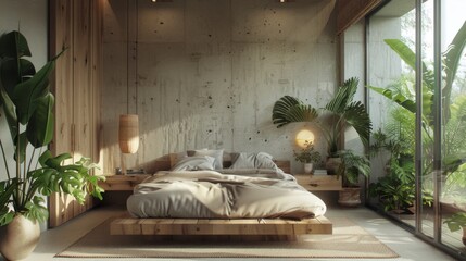 A minimalist bedroom with a focus on natural elements, incorporating wood accents, indoor plants, and organic textiles for warmth.