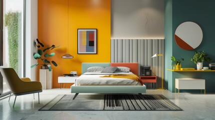 A minimalist bedroom with a pop of color, showcasing sleek furniture, geometric patterns, and vibrant accents for visual interest.