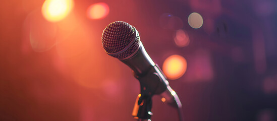 Photo of A microphone on stage, with blurred background. Web banner with copy space