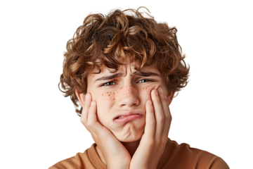 young male holding her cheek with hand, suffering from bad tooth ache on isolated transparent background