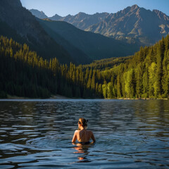 Woman wading into a lake 