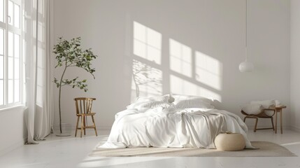 A minimalist bedroom with Scandinavian influences, characterized by simplicity, natural materials, and a neutral color palette.