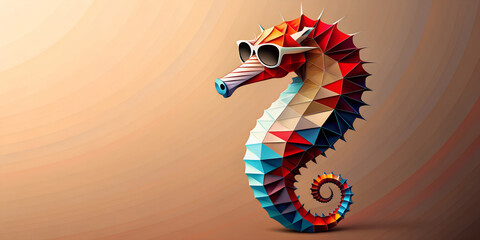 He wears seahorse sunglasses with a colorful geometric pattern,lending a playful character to the overall image.The soft,warm tones of the background emphasize the 3D appearance of the striped fish.AI