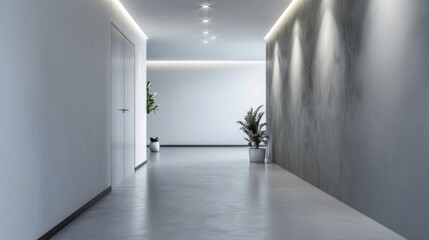 A minimalist hallway in a contemporary home, with clean walls, sleek flooring, and strategically placed accent lighting.