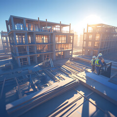 Construction in Progress: Aerial View of Buildings and Workers on a Sunny Day